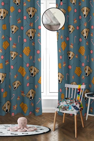 Dijital Baskı Yıkanabilir Köpek Desenli 2 Kanat Bebek ve Çocuk Odası Fon Perdesi
