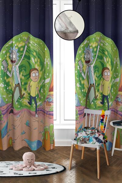 Dijital Baskı Yıkanabilir Rick and Morty Desenli 2 Kanat Bebek ve Çocuk Odası Fon Perdesi