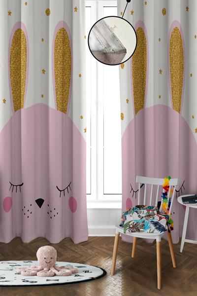 Dijital Baskı Yıkanabilir Tavşan Desenli 2 Kanat Bebek ve Çocuk Odası Fon Perdesi