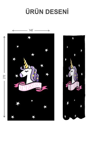 Dijital Baskı Yıkanabilir Unicorn Desenli 2 Kanat Bebek ve Çocuk Odası Fon Perdesi