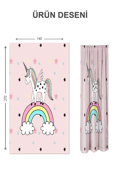 Dijital Baskı Yıkanabilir Unicorn Desenli 2 Kanat Bebek ve Çocuk Odası Fon Perdesi