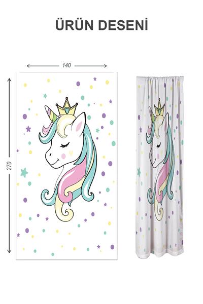 Dijital Baskı Yıkanabilir Unicorn Desenli 2 Kanat Bebek ve Çocuk Odası Fon Perdesi
