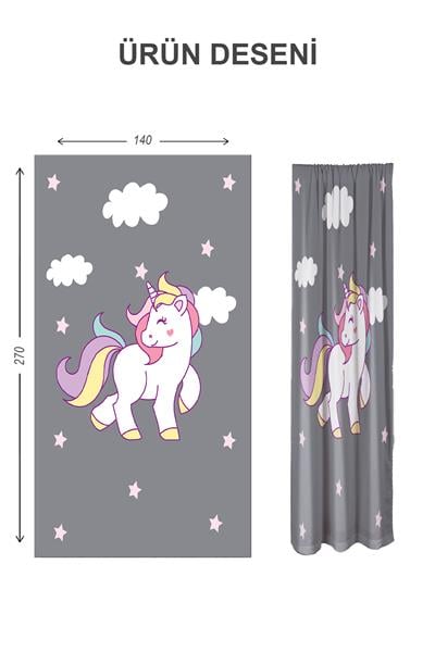 Dijital Baskı Yıkanabilir Unicorn Desenli 2 Kanat Bebek ve Çocuk Odası Fon Perdesi