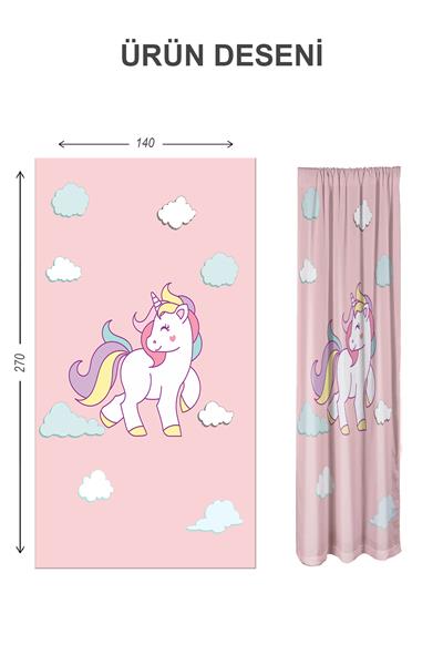 Dijital Baskı Yıkanabilir Unicorn Desenli 2 Kanat Bebek ve Çocuk Odası Fon Perdesi