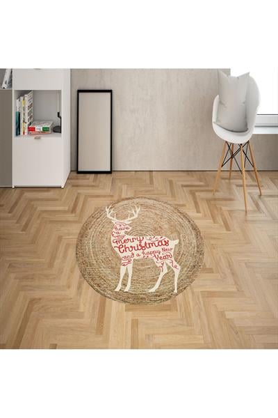 Dijital Baskılı Kaymaz Taban Merry Christmas Yazılı Geyikli Yılbaşı Halısı