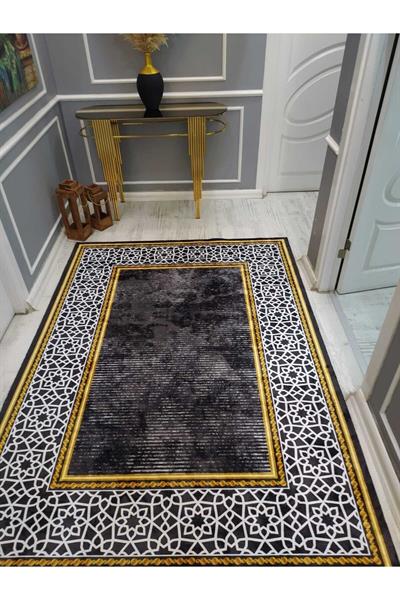 Eskitme Zeminli Çerçeve Desenli Kaymaz Tabanlı Yıkanabilir Leke Tutmaz Dokuma Taban Halı Drk8057-1