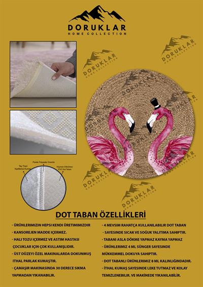 Flamingo Desenli Dijital Baskı Kaymaz Taban Yıkanabilir Yuvarlak Halı