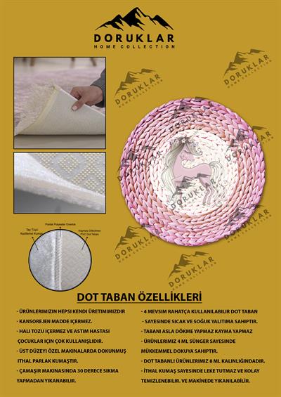Hasır Desenli Pembe Unicorn  Kaymaz Tabanlı Yıkanabilir Yuvarlak Çocuk Halısı