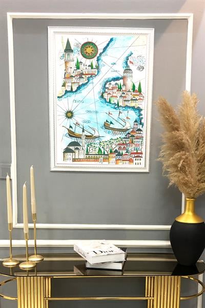 İstanbul Haritası Desenli Çerçeveli Duvar Tablosu 50x70cm OSMN06