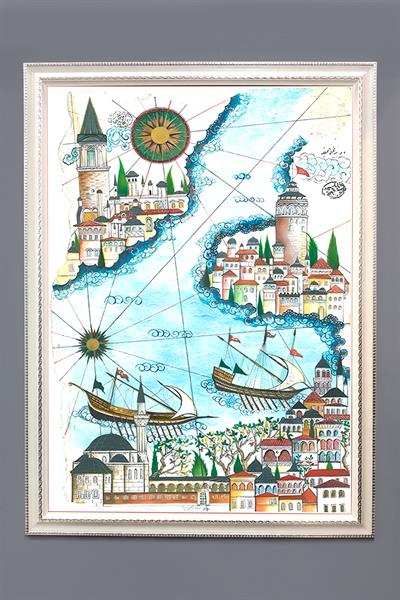 İstanbul Haritası Desenli Çerçeveli Duvar Tablosu 50x70cm OSMN06