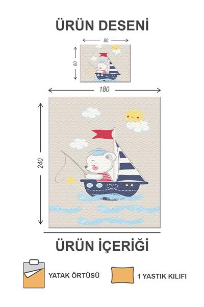 Kapitoneli Pamuk Dolgulu Kadife Kumaş Ayıcık Desenli Tek Kişilik Çocuk Genç Yatak Örtüsü Seti
