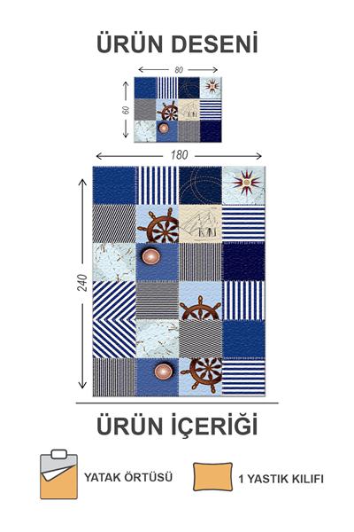 Kapitoneli Pamuk Dolgulu Kadife Kumaş Gemi Desenli Tek Kişilik Çocuk Genç Yatak Örtüsü Seti