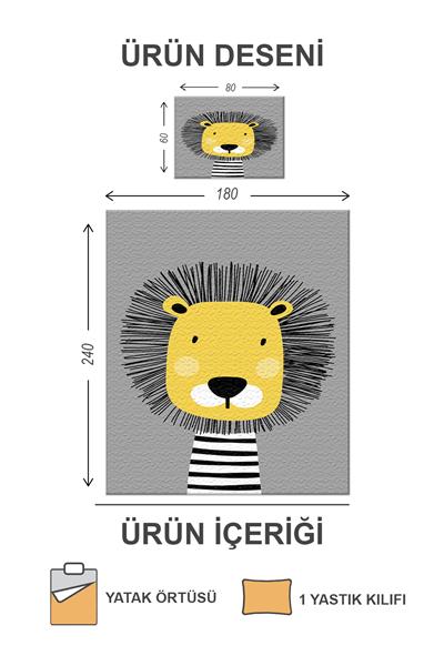 Kapitoneli Pamuk Dolgulu Kadife Kumaş Aslan Desenli Tek Kişilik Çocuk Genç Yatak Örtüsü Seti