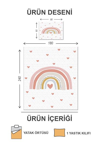 Kapitoneli Pamuk Dolgulu Kadife Kumaş Şerit Kalp Desenli Tek Kişilik Çocuk Genç Yatak Örtüsü Seti