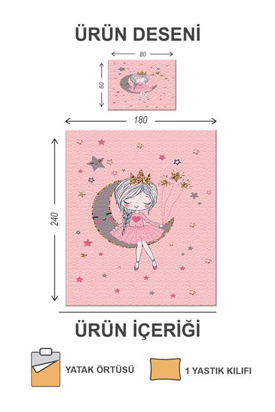 Kapitoneli Pamuk Dolgulu Kadife Kumaş Ay Kız Desenli Tek Kişilik Çocuk Genç Yatak Örtüsü Seti