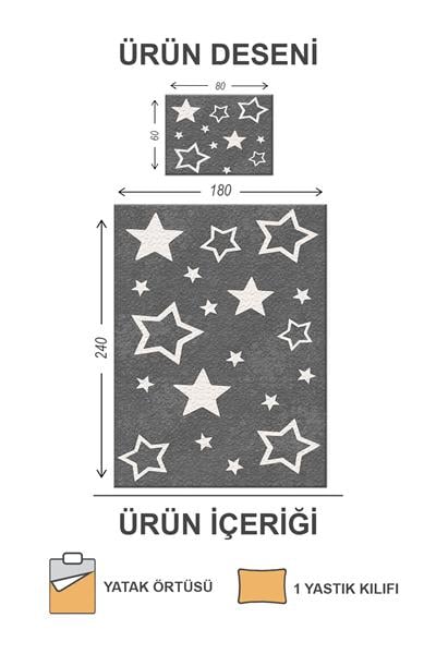 Kapitoneli Pamuk Dolgulu Kadife Kumaş Yıldız Desenli Tek Kişilik Çocuk Genç Yatak Örtüsü Seti