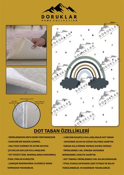 Kaymaz Taban Makinada Yıkanabilir Bulut Gökkuşağı Desenli Çocuk Halısı