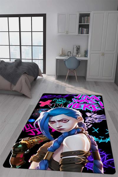 Kaymaz Taban Makinada Yıkanabilir Dijital Baskı Arcane Jinx Desenli Çocuk Odası Halısı Dot Taban Halı ARC05