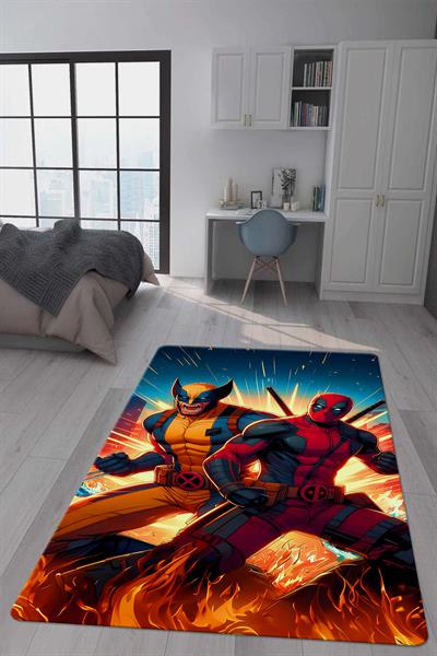 Kaymaz Taban Makinada Yıkanabilir Dijital Baskı Deadpool ve Wolverine Desenli Genç Odası Halısı Dot Taban Halı GNC11