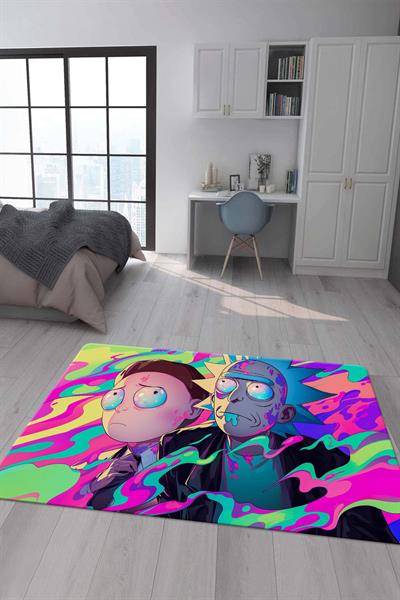 Kaymaz Taban Makinada Yıkanabilir Dijital Baskı Rick and Morty Desenli Çocuk Odası Halısı Dot Taban Halı RM02