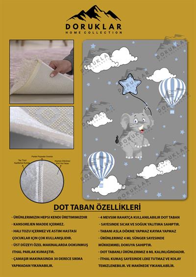 Kaymaz Taban Makinada Yıkanabilir Dijital Baskı Fil Bulut Desenli Çocuk Odası Halısı Dot Taban Halı
