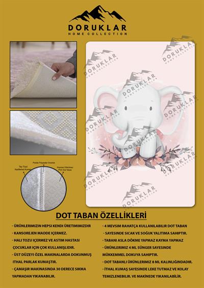 Kaymaz Taban Makinada Yıkanabilir Dijital Baskı Fil Desenli Çocuk Odası Halısı Dot Taban Halı
