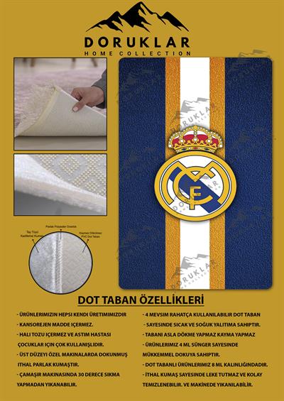 Kaymaz Taban Makinada Yıkanabilir Dijital Baskı Real Madrid Desenli Genç Odası ve Çocuk Odası Halısı Dot Taban Halı