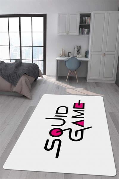 Kaymaz Taban Makinada Yıkanabilir Dijital Baskı Squid Game Desenli Genç Odası Halısı Dot Taban Halı
