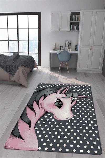 Kaymaz Taban Makinada Yıkanabilir Dijital Baskı Pembe Unicorn Desenli Çocuk Odası Halısı Dot Taban Halı