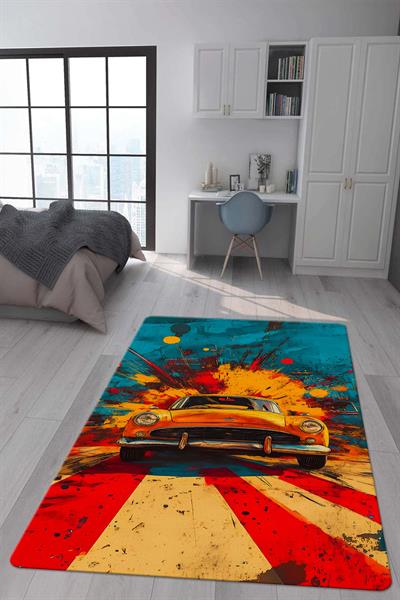 Kaymaz Taban Makinada Yıkanabilir Dijital Baskı Retro Desenli Çocuk Genç Odası Halısı Dot Taban Halı RTR21