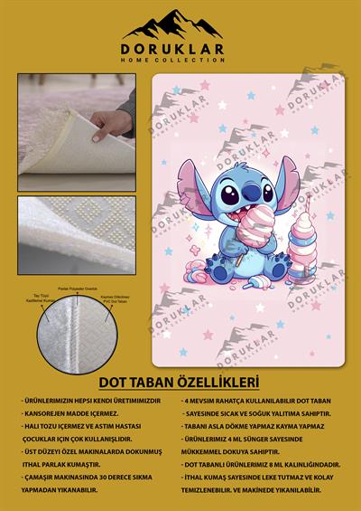 Kaymaz Taban Makinada Yıkanabilir Dijital Baskı Stitch Desenli Çocuk Odası Halısı Dot Taban Halı 0011