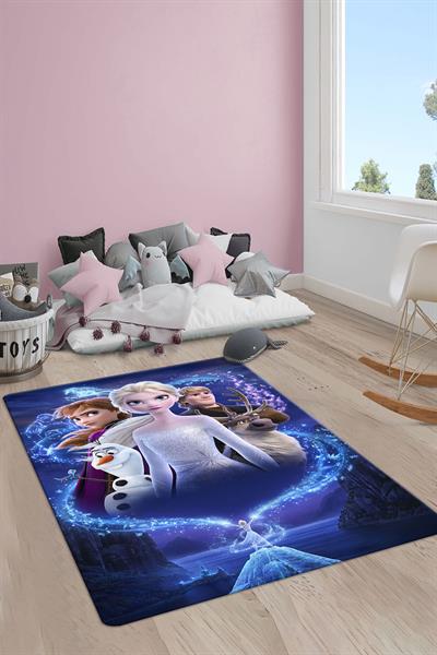 Kaymaz Taban Makinada Yıkanabilir Dijital Baskı Elsa Frozen Desenli Genç ve Çocuk Odası Halısı Dot Taban Halı