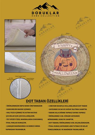 Kaymaz Taban Makinada Yıkanabilir Dijital Baskı Cadılar Bayramı Desenli Genç Odası Halısı Dot Taban Halı