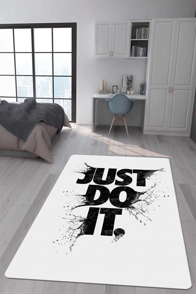 Kaymaz Taban Makinada Yıkanabilir Dijital Baskı Just Do It Desenli Genç Odası Halısı Dot Taban Halı