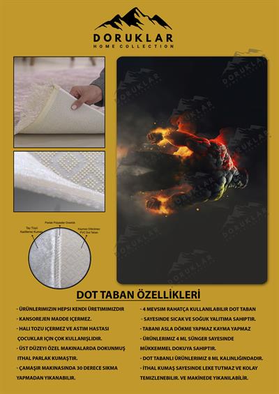 Kaymaz Taban Makinada Yıkanabilir Dijital Baskı Hulk Desenli Genç Odası Halısı