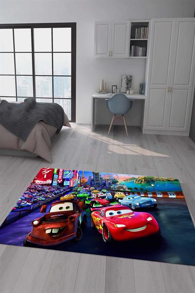 Kaymaz Taban Makinada Yıkanabilir Dijital Baskı Şimşek Mcqueen Desenli Genç Odası Halısı Dot Taban Halı GNC58
