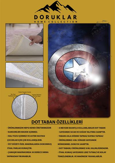 Kaymaz Taban Makinada Yıkanabilir Dijital Baskı Captan America Desenli Çocuk Odası Halısı Dot Taban Halı BRK01