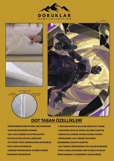Kaymaz Taban Makinada Yıkanabilir Dijital Baskı Valorant Vyse Desenli Çocuk Odası Halısı Dot Taban Halı VL04