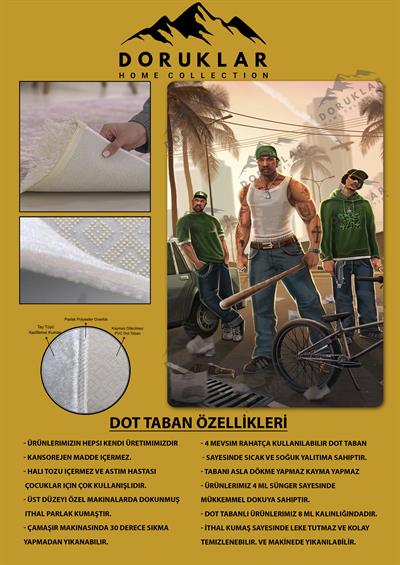 Kaymaz Taban Makinada Yıkanabilir Dijital Baskı Gta Green Hood Desenli Çocuk Odası Halısı Dot Taban Halı BRK12