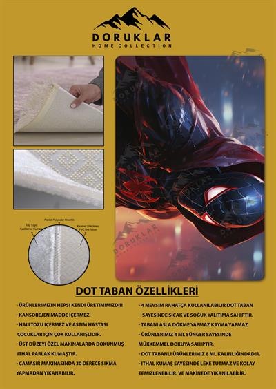 Kaymaz Taban Makinada Yıkanabilir Dijital Baskı Spiderman Desenli Genç Odası Halısı