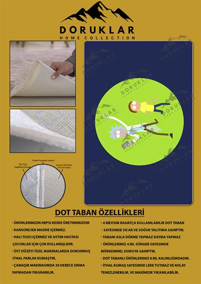 Kaymaz Taban Makinada Yıkanabilir Dijital Baskı Rick and Morty Desenli Genç Odası Halısı Dot Taban Halı GNC57