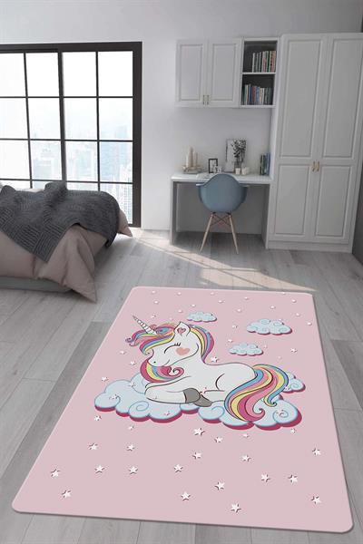 Kaymaz Taban Makinada Yıkanabilir Dijital Baskı Unicorn Desenli Çocuk Odası Halısı Dot Taban Halı