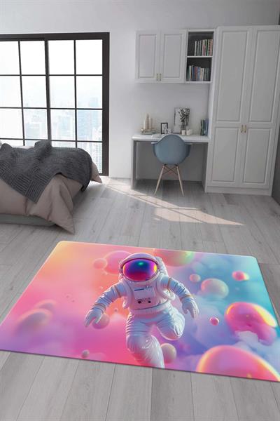 Kaymaz Taban Makinada Yıkanabilir Dijital Baskı Astronot Desenli Genç Odası Halısı