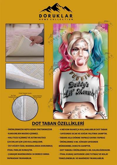 Kaymaz Taban Makinada Yıkanabilir Dijital Baskı Harley Quinn Desenli Çocuk Halısı