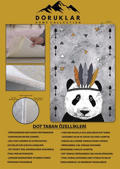 Kaymaz Taban Makinada Yıkanabilir Dijital Baskı Panda Desenli Çocuk Odası Halısı Dot Taban Halı