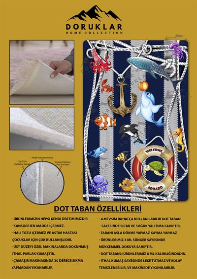 Kaymaz Taban Makinada Yıkanabilir Dijital Baskı Balık Desenli Çocuk Odası Halısı Dot Taban Halı