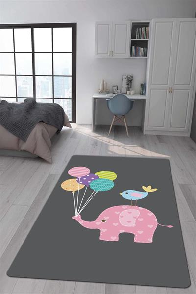 Kaymaz Taban Makinada Yıkanabilir Dijital Baskı Fil Balon Desenli Çocuk Odası Halısı Dot Taban Halı