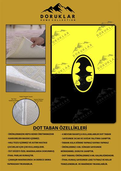 Kaymaz Taban Makinada Yıkanabilir Dijital Baskı Batman Desenli Genç Odası ve Çocuk Odası Halısı Dot Taban Halı