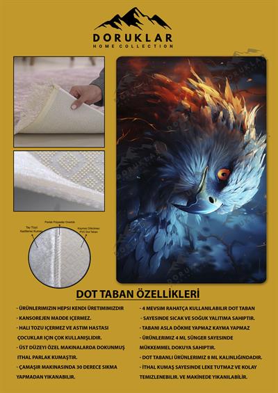 Kaymaz Taban Makinada Yıkanabilir Dijital Baskı Kartal Desenli Genç Odası Halısı