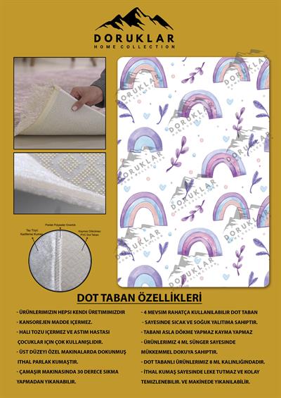 Kaymaz Taban Makinada Yıkanabilir Dijital Baskı Gökkuşağı Desenli Çocuk Odası Halısı Dot Taban Halı RB05